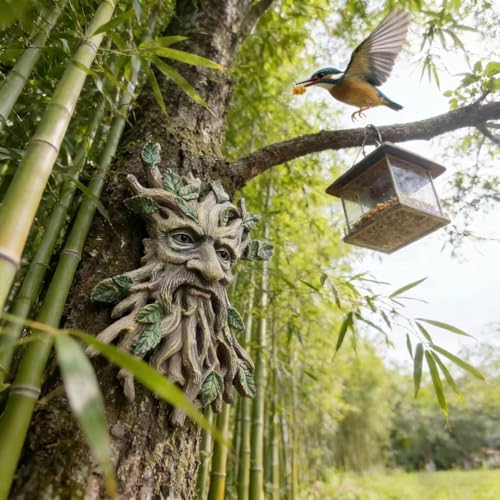 Whimsical Tree Face Garden Decoration - Outdoor Wall Mount Sculpture with Leaf Features