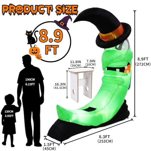 Green 8.9FT Halloween Inflatable Witch Moon Yard Decor with LED Lights & Accessories
