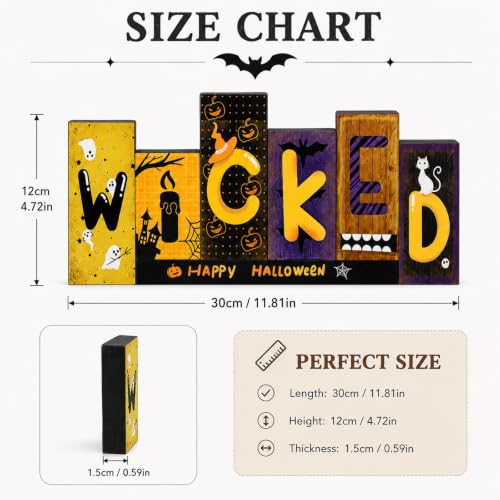 Wicked Halloween Wooden Sign - Ghost Pumpkin Bat Decor Indoor Tabletop