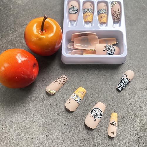 Halloween Press On Fake Nails - Medium Length Matte Nail Set with Stitch Pumpkin & Spider Web Designs - Style13
