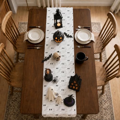 Halloween Table Runner 13x36 Inch Faux Fur Ghost Table Decor for Holiday Dining - White Ghost Variation