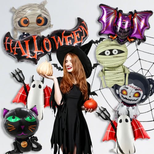 Halloween Balloons Pack with Bat Mummy Ghost Cat & Horror Doll Foil Balloons - Indoor Outdoor Decorations