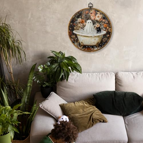 Ghost Black Cat Wall Art Decor Fall-3 - Bathroom Round Canvas 10x10 Inches