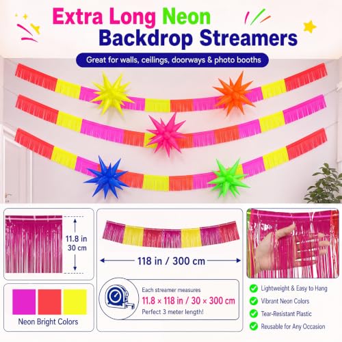 Glow in The Dark Neon Party Decorations Set – Star Balloons & Streamers for Birthday & Event Backdrops