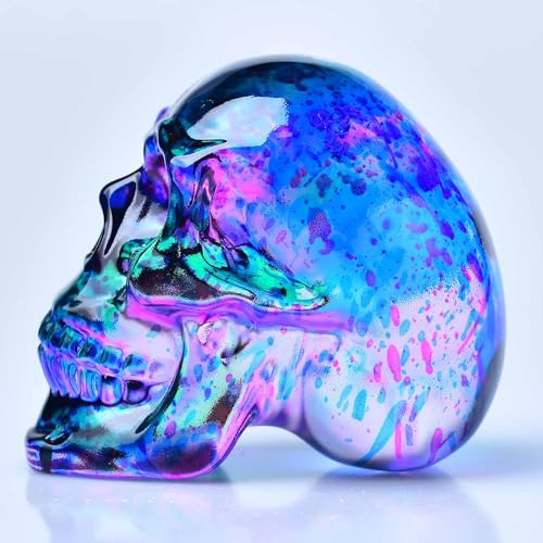 Crystal Skull Head Statue with Purple and Green Variations - Glass Figurine Home Decor