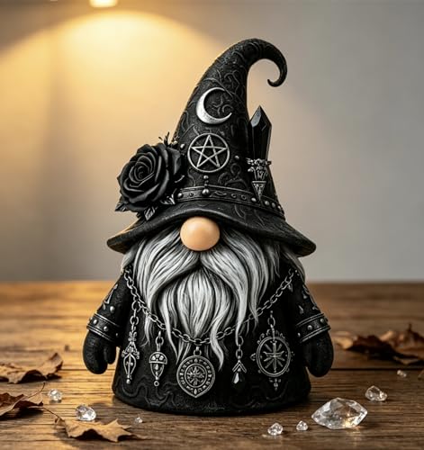 Gothic Witch Gnome Figurine - Black Gnome Statue for Halloween & Dark Decor