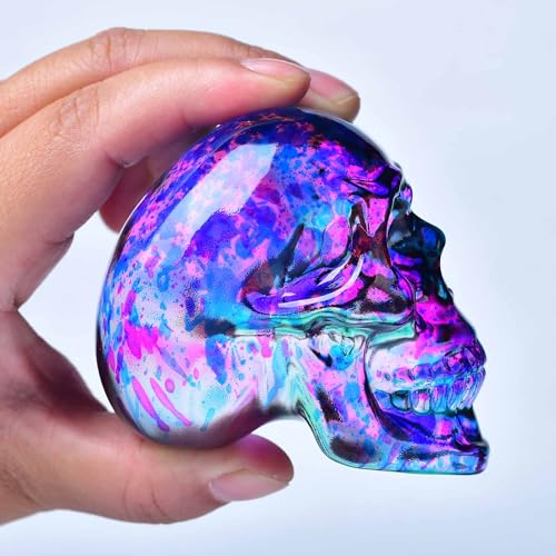 Crystal Skull Head Statue with Purple and Green Variations - Glass Figurine Home Decor