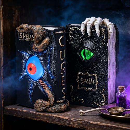 Halloween Spellbook Statue with LED Eyeball and Snake Variation - Spooky Resin Table Decor