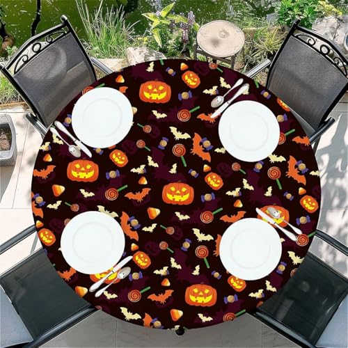 Round Waterproof Fitted Tablecloth with Elastic Edge - Halloween Treats 60 Inch