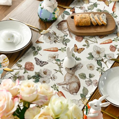 Easter Bunny Carrots Flower Table Runner 13x120 Inch Seasonal Spring Kitchen Decor