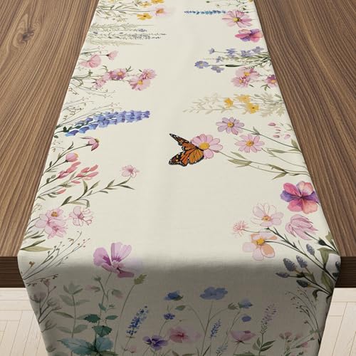 Spring Floral Table Runner - Daisy Eucalyptus Lavender Summer Table Decor - 73x13.8 Inch