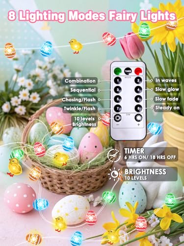 Easter Fairy Lights with Eggs & Chicken - Waterproof String Lights, 10 FT 30 LEDs, Remote Control, 8 Modes