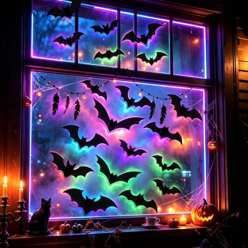 Multicolor 40 Pcs Light Up Bat Wall Decor - 3D Halloween Lighted Bat Stickers