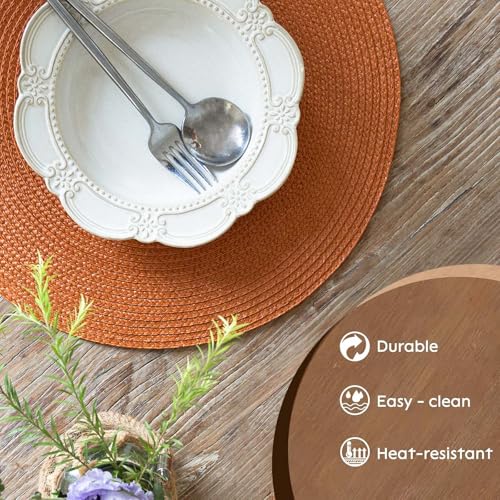 FunWheat Pumpkin Orange Braided Placemats Set of 4 - 15 Inch Washable Non-Slip Table Mats for Fall Decor