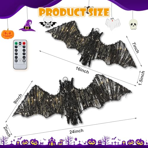 Halloween Rattan Bat Decorations with LED Lights & Timer Remote Set - Indoor Outdoor Spooky Decor