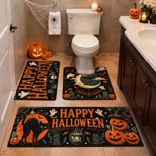 Halloween Theme 3-Piece Funny Horror Bathroom Rug Set - Ghosts, Pumpkins, Black Cats