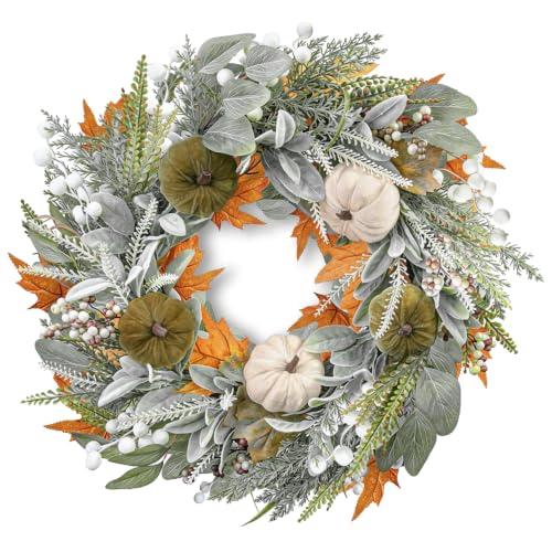 22 Inch Fall Eucalyptus Wreath with Pumpkins Berries and Maple Leaves for Front Door Indoor Outdoor Halloween Thanksgiving Decor