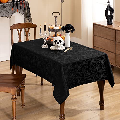 Halloween Spider Web Tablecloth 60x120 Inch Spillproof Fabric Rectangular Cover - Black & Spider Web Design