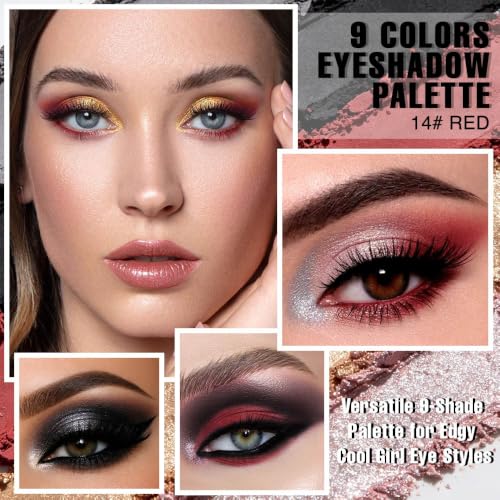 14# Red Eyeshadow Palette - 9 Colors Matte Shimmer Metallic Pressed Powder