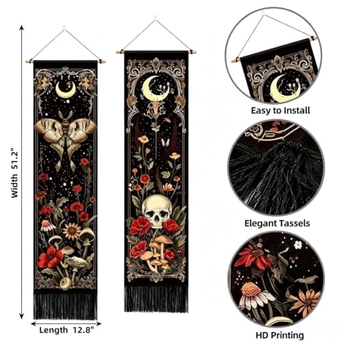 Gothic Wall Tapestry Set - Witchy Moon Moth Skull Mushroom Vertical Decor