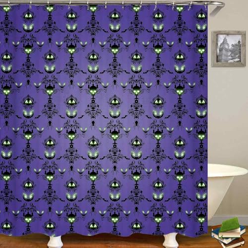 Halloween Shower Curtain Set with Rugs - Purple Skull Pumpkin Bat Design, Waterproof Fabric, Non-Slip Bathroom Decor - Variation: Purple Halloween