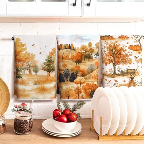 Fall Kitchen Towels Set - Pumpkins Maple Leaves Truck - Yellow / Tree - 6 Pack