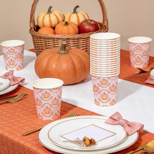 Fall Paper Cups 9oz Pink Bow Pumpkin Design - 50 Pack Disposable Drinkware for Parties