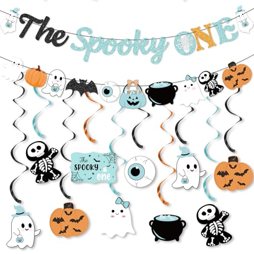 Halloween Birthday Banner & Hanging Decorations Kit - Ghost, Pumpkin, Bat Streamers, Blue Theme