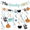 Halloween Birthday Banner & Hanging Decorations Kit - Ghost, Pumpkin, Bat Streamers, Blue Theme