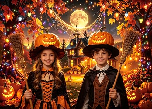 Halloween Fall Banner Backdrop 7x5FT Spooky Haunted House Pumpkin Moon Scene