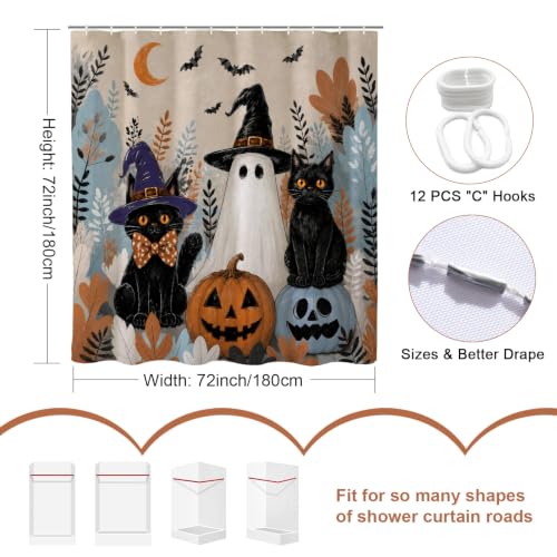 Ghost Black Cat Halloween Shower Curtain 72x72 Inch - Waterproof & Durable Fabric