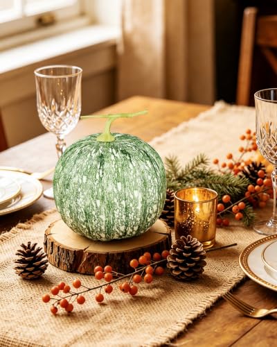 Round 9x9 Inch Artificial Pumpkin Fall Decor - Green Rustic Halloween Thanksgiving