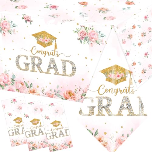 Pastel Floral Graduation Tablecloths Set - 3 Pack, Waterproof Plastic Decor