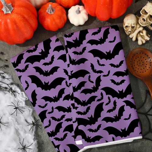Halloween Kitchen Towels Set - Purple Black Bat Dish Drying & Cleaning Towels