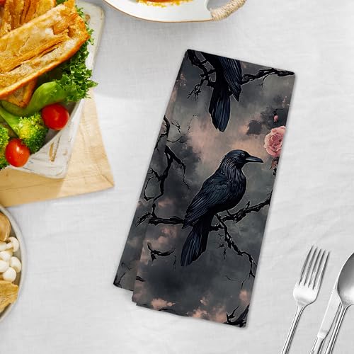 Dark Moody Raven Crow Kitchen Towels - Gothic Floral Hand Dish Towels, 16x24 Inch