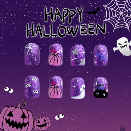 Halloween Press on Nails Short Square Fake Nails with Pumpkin Spider Web Ghost Bat Designs Purple Glitter - Variation 2