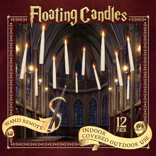 Floating Candles with Wand Remote - 12 Pcs Flickering Light & Hooks, Magic Decor