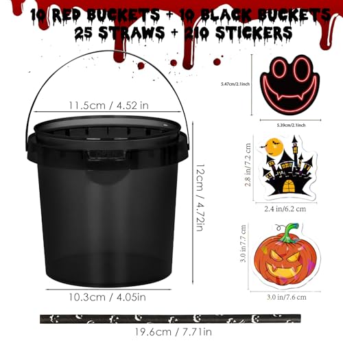 Halloween Candy Buckets Set - 20 Plastic Trick-or-Treat Baskets with Lids, Straws & Stickers