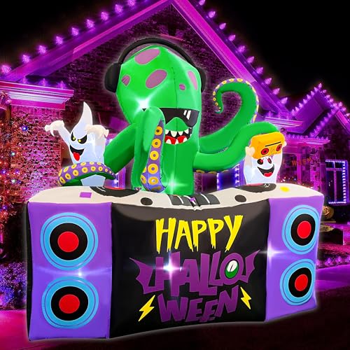 Halloween Inflatable Decoration - 6FT DJ Octopus Playing Music with Ghosts - Outdoor Yard Display