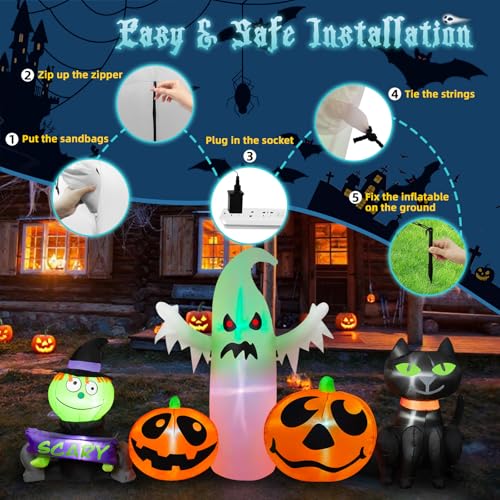 8FT Halloween Inflatable Yard Decoration Pumpkin Ghost & Black Cat with RGB Lights - Outdoor Lawn & Garden Decor - Variation of THIS listing