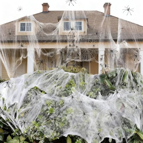 Halloween Spider Web Decorations with Fake Spiders - Stretchy Cobwebs for Indoor Outdoor Party
