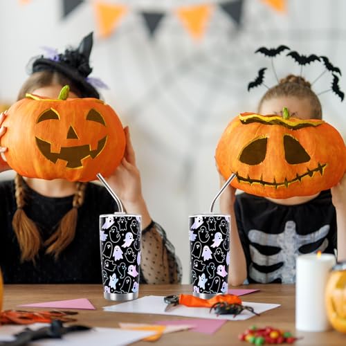 Halloween Ghost Stainless Steel Travel Tumbler with Lid Straw & Brush - Spooky Coffee Mug for Women, Large Capacity, Ghost Variation