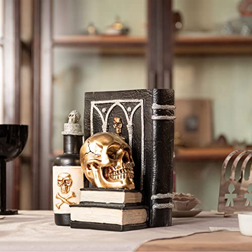 Gothic Halloween Skull Figurine with Spellbook & Potion Bottle Indoor Decor