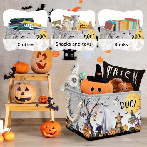 Halloween Boo Basket Pumpkin Ghost Spooky Storage Bin Grey 15x10x10 Inch - Foldable Halloween Decor & Gift Organizer