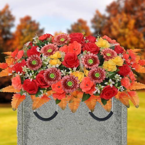 Fall Artificial Cemetery Flowers Headstone Saddle - Yellow, 23.6x17.7" with Bouquets & Vases