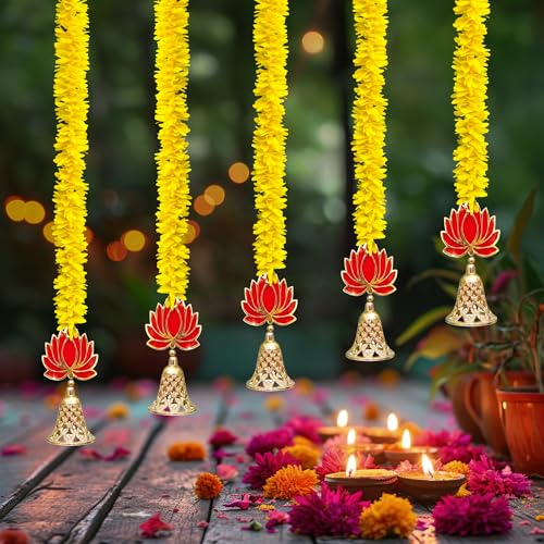 Artificial Lotus Flower Garland for Diwali Home Decor - Yellow, 5 Pcs
