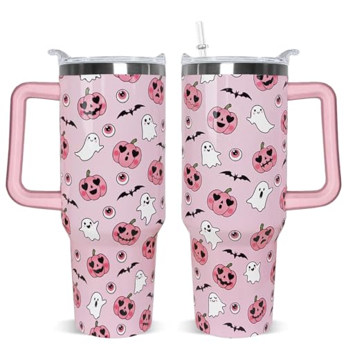 Halloween 40oz Ghost Tumbler with Handle & Straw - Pink & White Spooky Bat Leak-Proof Drinkware