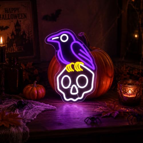 Crow Skull Neon Sign Halloween Neon Light LED Gothic Spooky Decor - Purple+Cool White+Lemon Yellow