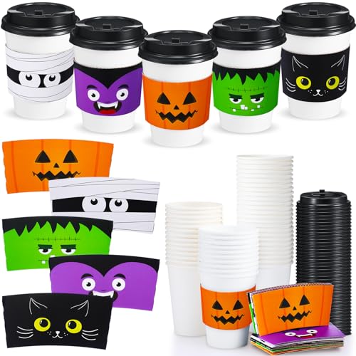 Halloween Coffee Cups with Lids & Sleeves - 50 Pack, Classic Pattern, 12 oz, Halloween Theme