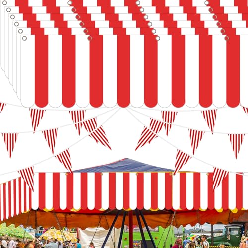 Preboun 12 Pcs Carnival Circus Tent Party Decorations Red White Striped Hanging Banner with Triangle Bunting Flags - Variation 12